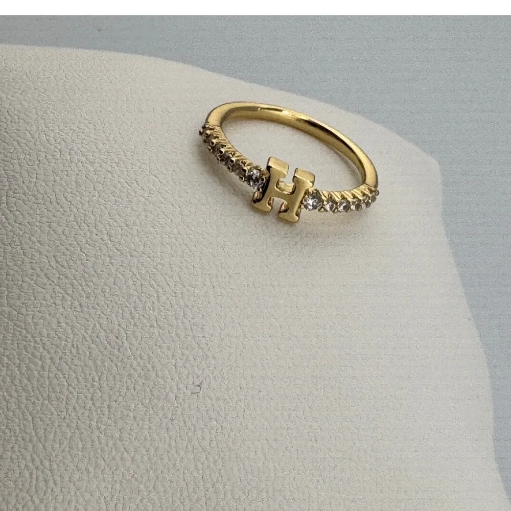 Gold Tone Initial H Ring Crystal Accented Monogram Band Personalized Jewelry